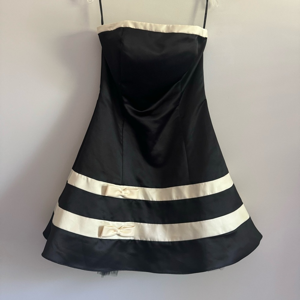 Vintage Gunne Sax Jessica McClintock Strapless Black Cream Fit Flare Dress 14